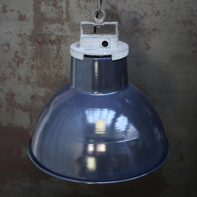 Vintage Industrial Blue Enamel Pendant Light by Mazda For Sale - Image 4 of 7
