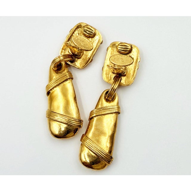 1990s Chanel Rare Vintage Gold Plated CC Rectangle Tear Drop Stripe Large Clip on Earrings, A Pair For Sale - Image 5 of 6