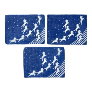 Vintage Set 3 Equestrian Horses Cocktail Napkins Blue Linen Barware For Sale