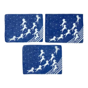 Vintage Set 3 Equestrian Horses Cocktail Napkins Blue Linen Barware