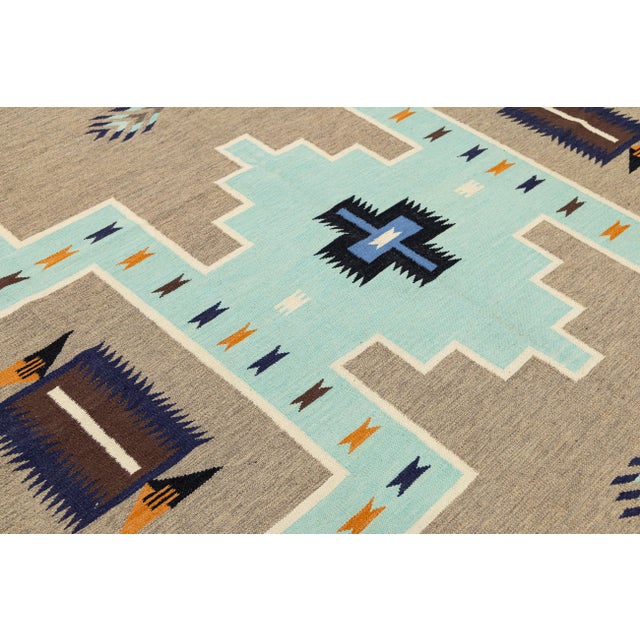 Textile Modern Navajo-Style Handmade Wool Area Rug - Geometric Turquoise & Earth Tones For Sale - Image 7 of 11