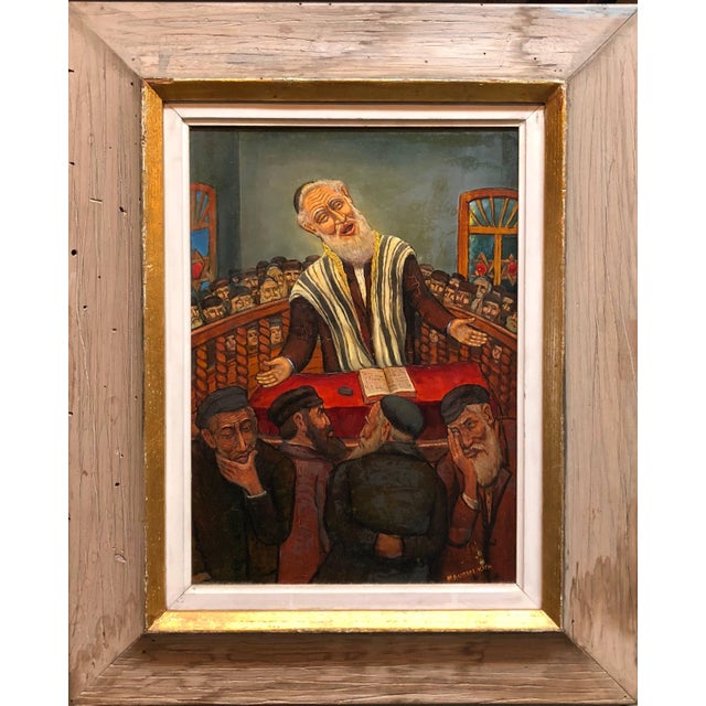 Genre: Modern Subject: Hasidic Rabbi preaching in Synagogue Medium: Oil Surface: Board, size includes artist decorated...