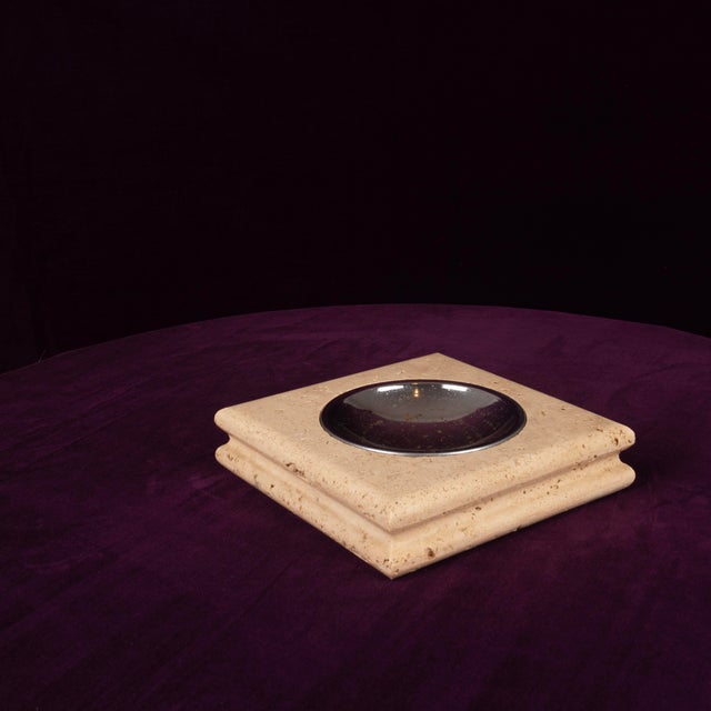 Italian Square Travertine Ashtray with Removable Metal Dish, 1970 For Sale - Image 3 of 16
