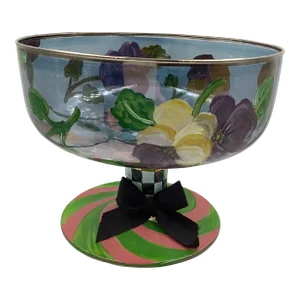 2000s Mackenzie-Childs Glass Hand Painted Pansies and Stripes Compote