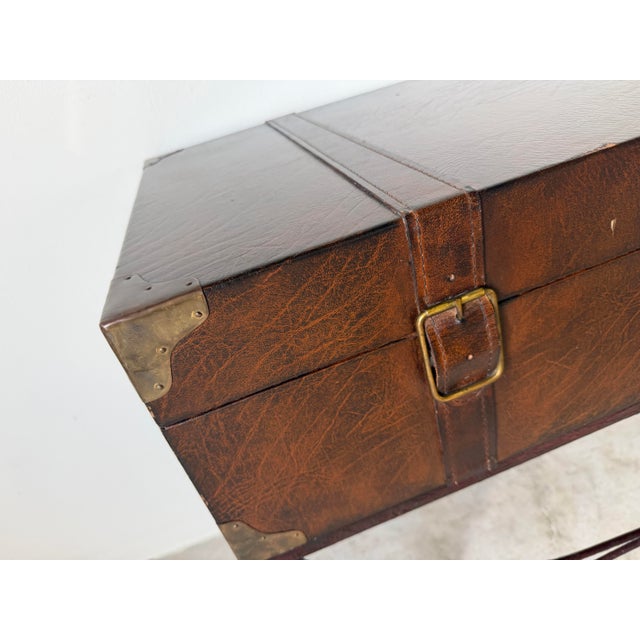 Brown 1980s Vintage Ralph Lauren Style Leather Suitcase Console Table With Brass Accents & Metal Base For Sale - Image 8 of 17