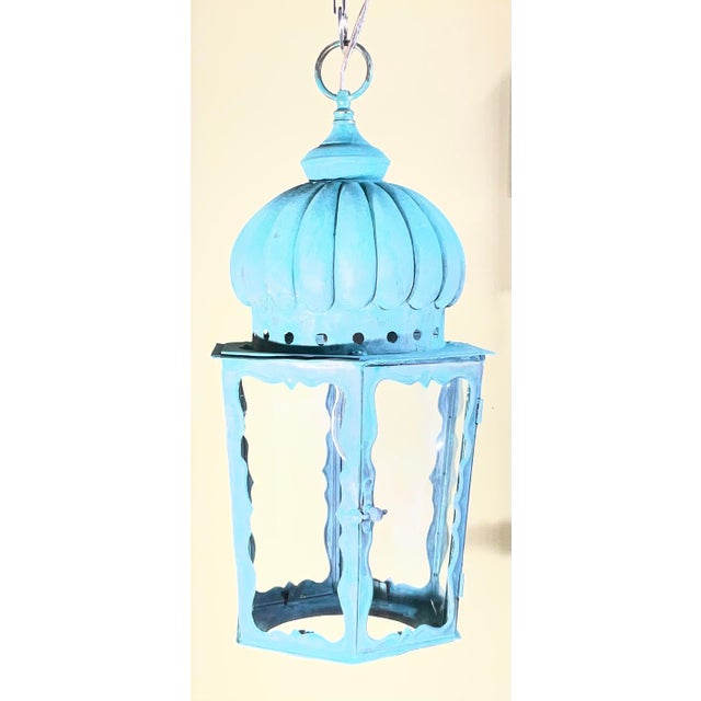 Metal Solid Brass Antique Hexagonal Hanging Lantern / Pendant Light - 19”h X 9”.5 W For Sale - Image 7 of 18