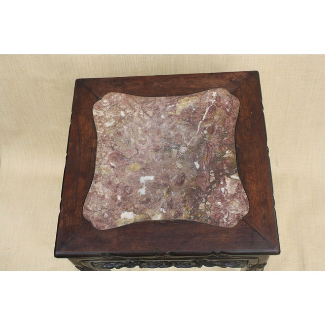1910s Antique Qing Era Chinese Hand-Carved Wood Table With Inset Marble Top For Sale - Image 5 of 9