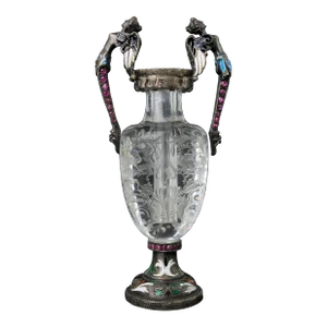 A Carved Rock Crystal, Enameled Silver Gem Set Miniature Vase, Austria, 1880