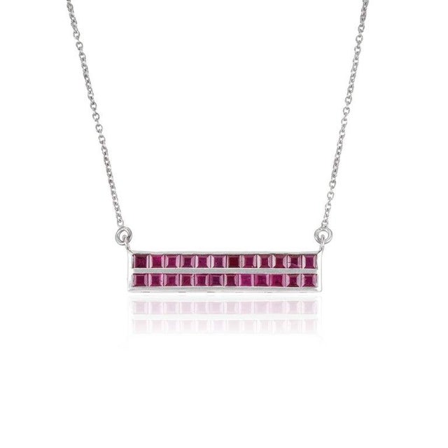 2.81 Ct Double Row Ruby Bar Necklace Pendant in Sterling Silver - Caratandher For Sale - Image 9 of 15
