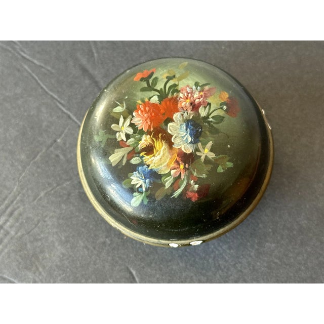 Antique Victorian Small Round Hand Painted Lacquer Box For Sale - Image 9 of 10
