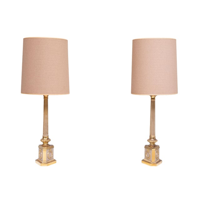 Antique Empire Brass Column Table Lamps, 1950s, Set of 2 For Sale - Image 9 of 9