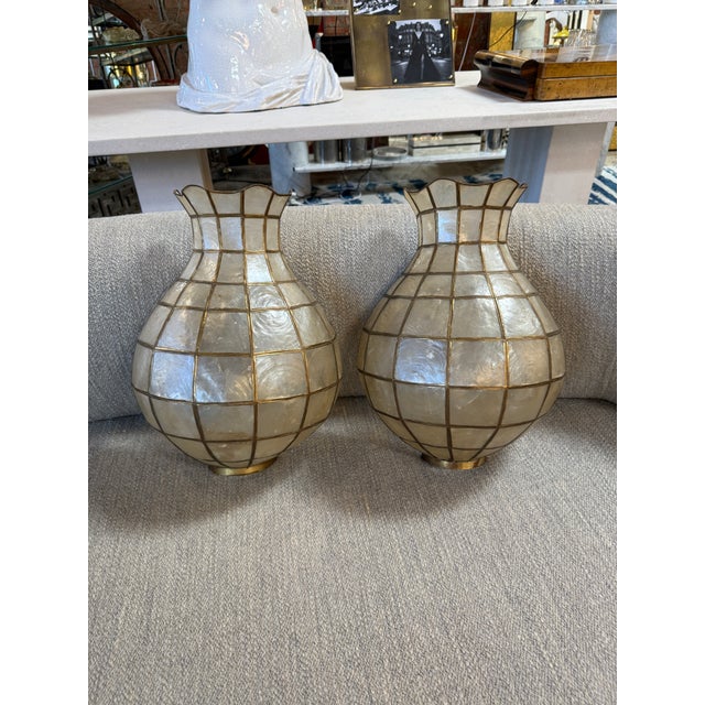 Pair of Capiz Shell and Brass Wall Sconces Large, 1970s For Sale In Los Angeles - Image 6 of 10