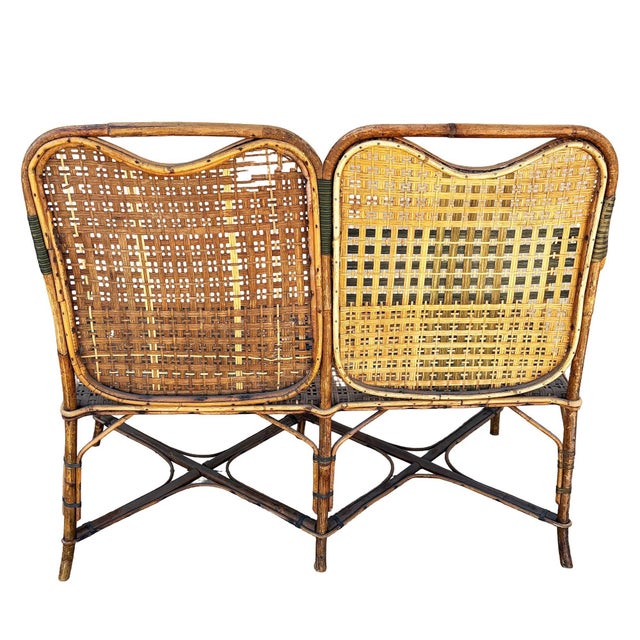 Restored Aesthetic Movement Tiger & Tortoise Bamboo Bench Settee W/ Woven Seat For Sale - Image 4 of 8