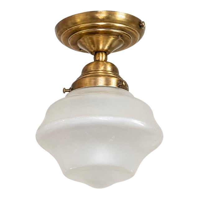 Late 20th Century Farmhouse Regency Hill Schoolhouse Floating Modern Farmhouse Ceiling Light Brass White Glass For Sale