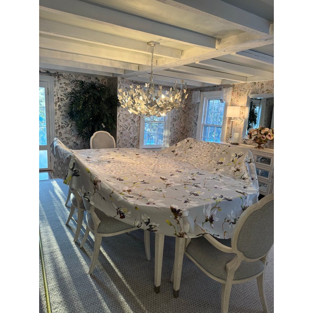 Beautiful custom designer tablecloth 12’2”x10’4”. From the ROMO black edition. Magnolia “Saphira” pattern, Orchid color....