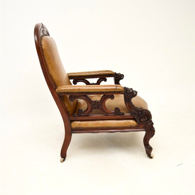 Antique Victorian Carved Leather Chair, 1850 For Sale - Image 3 of 13