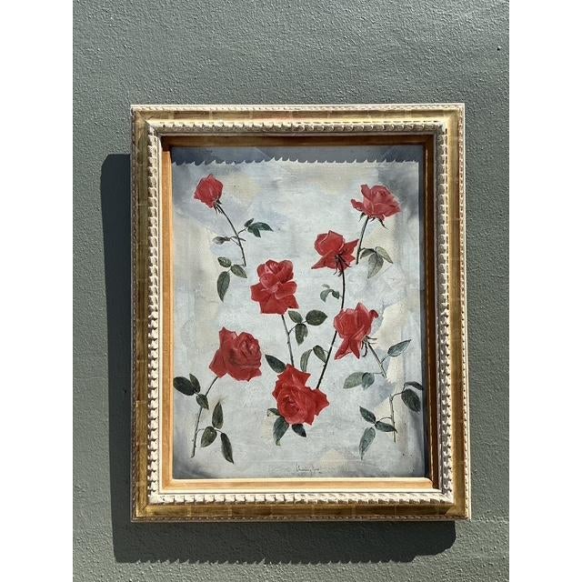 Alabaster Vintage 1966 Original Floating Roses Oil on Painting For Sale - Image 8 of 12
