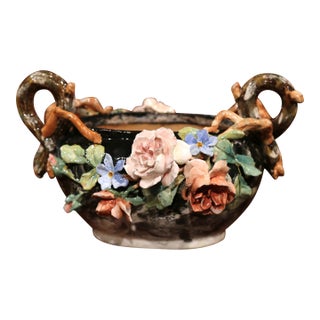 19th Century French Montigny-Sur-Loing Barbotine Jardinière With Floral Relief For Sale