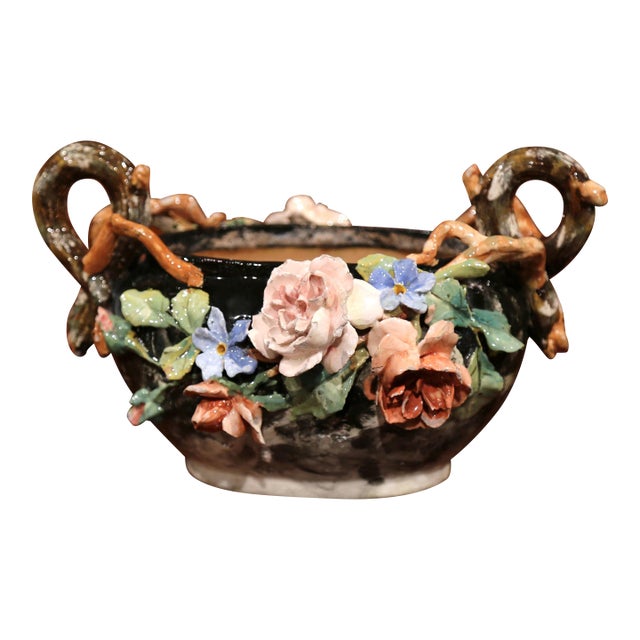 19th Century French Painted Ceramic Barbotine Jardinière With Floral Decor For Sale