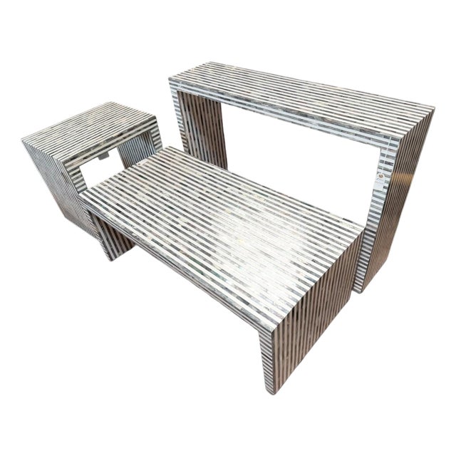 Stunning 3-Piece Striped Inlay Waterfall Table Set – Console, Coffee & Side Table For Sale