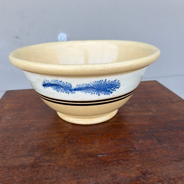 Antique English Yellowware Mixing Bowl With Blue Seaweed Decoration, Circa 1840s For Sale - Image 11 of 12