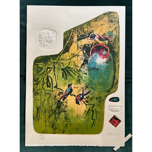 French Vintage 1974 Framed Embossed Lithograph Entitled “Birds” by French Vietnamese Artist Lebadang For Sale - Image 3 of 11
