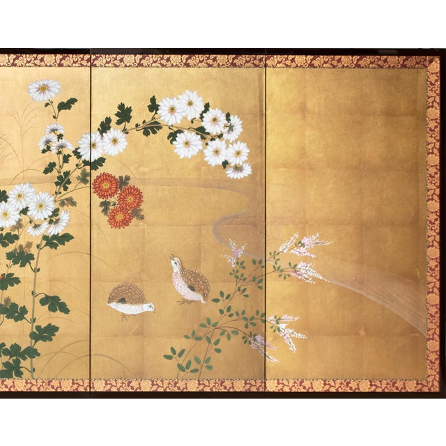 1980s "Chrysanthemums and Quail" by Setsuga, 1980s Japanese Byobu Screen For Sale - Image 5 of 18