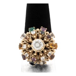 14k Yellow Gold and Multicolored Gemstone Cluster Ring For Sale