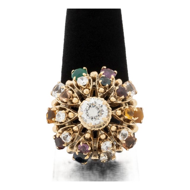 14k Yellow Gold and Multicolored Gemstone Cluster Ring For Sale