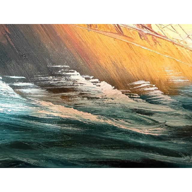 This expressive oil on canvas depicts a tall sailing ship cutting through rolling ocean waves under an open, luminous sky....