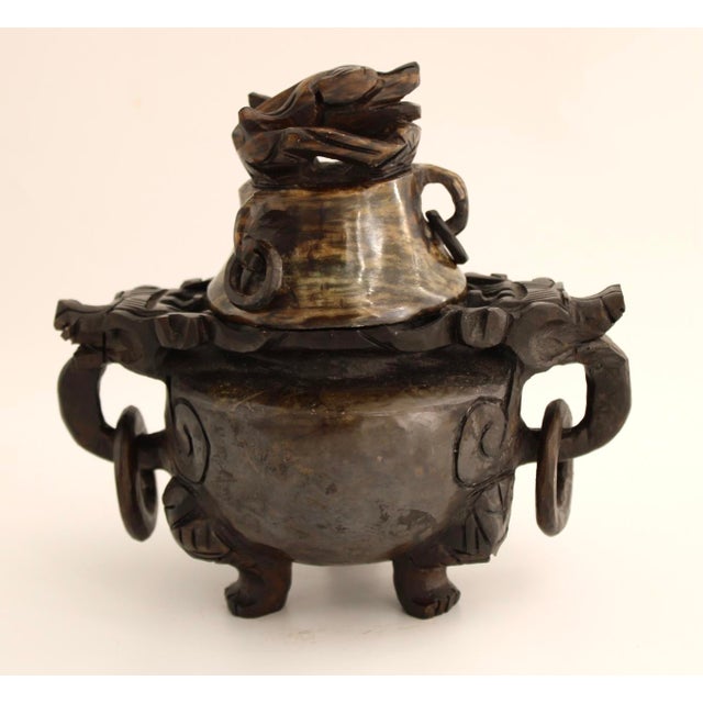 Chinese Fine Antique Chinese Spinach-Jade Censer / Incense Burner With Heavy Masculine Hand Carved Dragons For Sale - Image 3 of 6