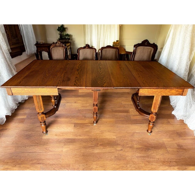 Brown 1930s Solid Oak Dining Table With 3 Extensions For Sale - Image 8 of 12