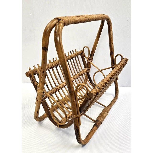 Mid-Century Modern Vintage MCM Rattan Wicker 19" Magazine Rack Stand Franco Albini Style Boho Decor For Sale - Image 3 of 14