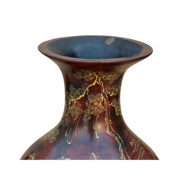 Chinese Brown Lacquer Golden Scenery Decorative Wood Vase Art For Sale - Image 9 of 16