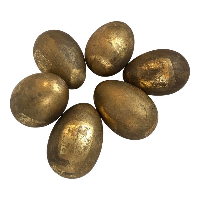 Set of Seven Rustic Vintage Gold Painted Eggs For Sale