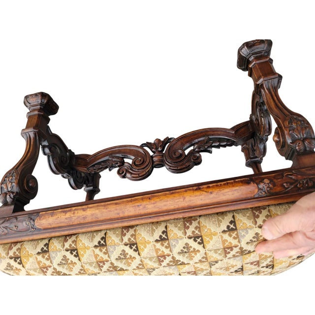 Antique 19th C. French Walnut Upholstered Bench –Hand Carved, Restored & Quality For Sale - Image 16 of 16