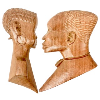 Vintage Wooden Carved African Man & Woman Wall Hanging Sculptures, Set of 2 For Sale