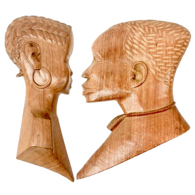 Vintage Wooden Carved African Man & Woman Wall Hanging Sculptures, Set of 2 For Sale