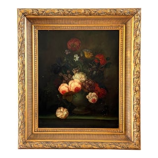 1930s Orlando Still Life Flowers Signed Oil on Canvas Ornate Gilt Frame For Sale