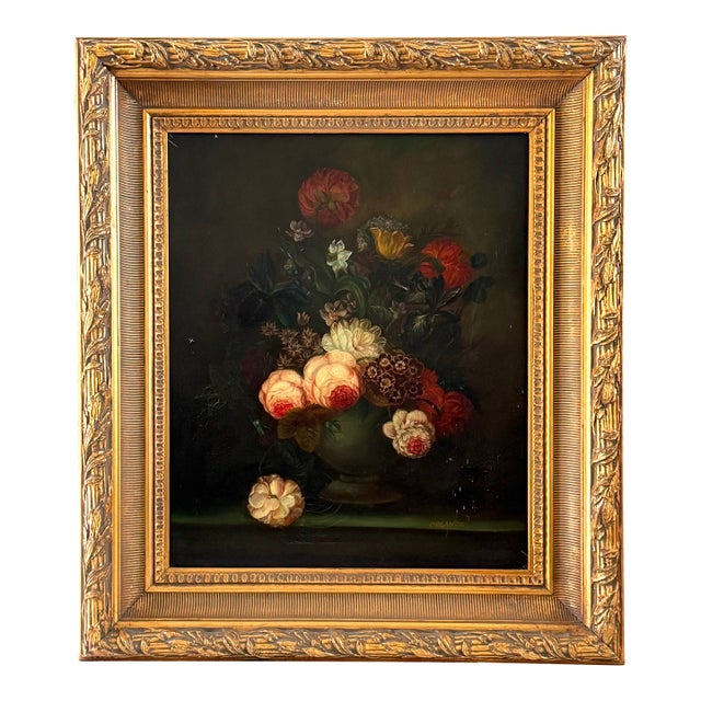 1930s Orlando Still Life Flowers Signed Oil on Canvas Ornate Gilt Frame For Sale