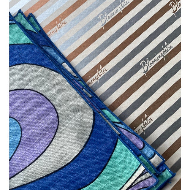 1970s Pucci-Like Print Blue Linen Placemats- Set of 12 For Sale - Image 4 of 4