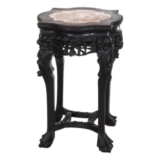 Antique Chinese Carved Rosewood Rouge Marble Top Claw & Ball Foot Stand C1910 For Sale