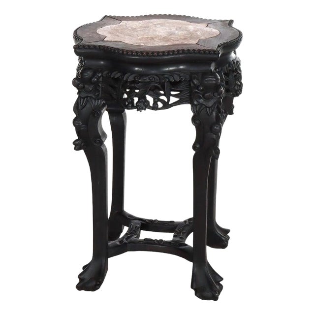 Antique Chinese Carved Rosewood Rouge Marble Top Claw & Ball Foot Stand C1910 For Sale