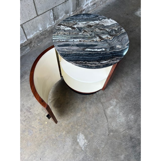 Brown Harvey Probber Style Rosewood Drum Side Table / Bar Cabinet With Silver Wave Marble Top For Sale - Image 8 of 11