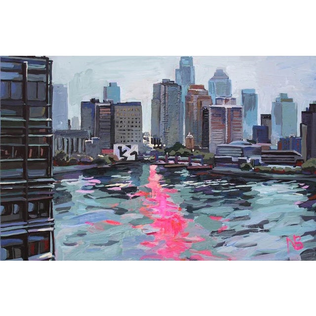 Medium size acrylic painting on canvas featuring hazy sunset over NYC on summer evening. Painted from picture taken from...