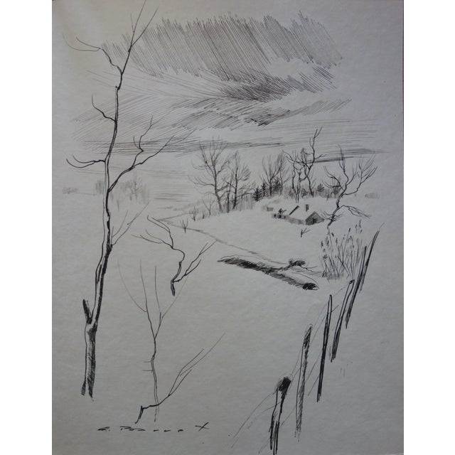 Gaston BARRET Winter landscape Original drawing in ink and pencil on fine vellum Signed in ink Accompanied by original...