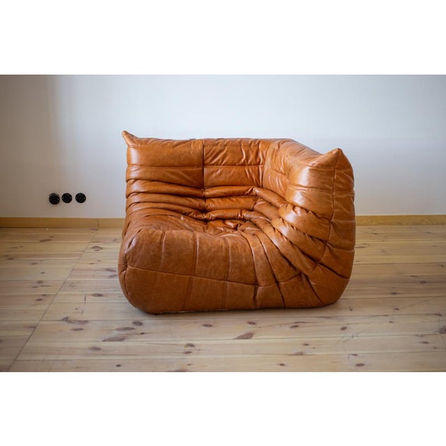 Pine Leather Togo Corner Chair with Two- and Three-Seat Sofas by Michel Ducaroy for Ligne Roset, Set of 3 For Sale - Image 5 of 9