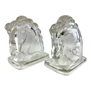 French Art Deco Molded Glass Horse Head Bookends, Circa 1930 For Sale