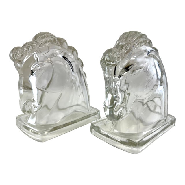 French Art Deco Molded Glass Horse Head Bookends, Circa 1930 For Sale