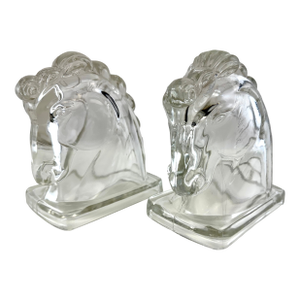 French Art Deco Molded Glass Horse Head Bookends, Circa 1930